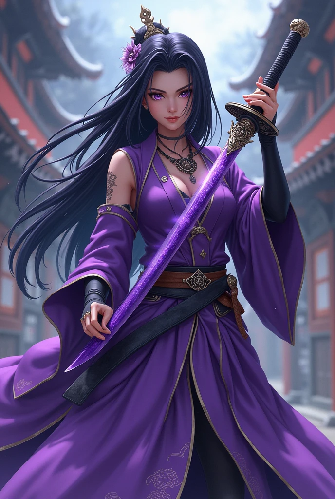 Draw a hashira with straight hair, a purple katana and a clothing almost like nezuko's but purple, and the obanai beside her, demon slayer anime version