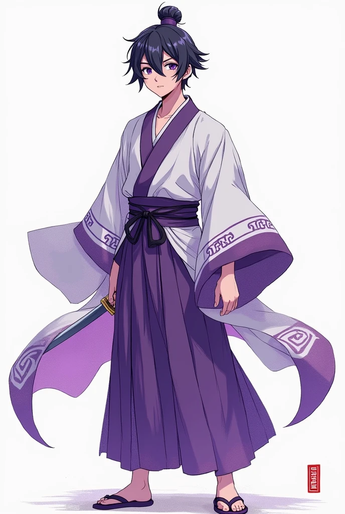 (illustrator) sketsa anime, samurai, kimono, blurple + white, front position, full body, boy, age 18