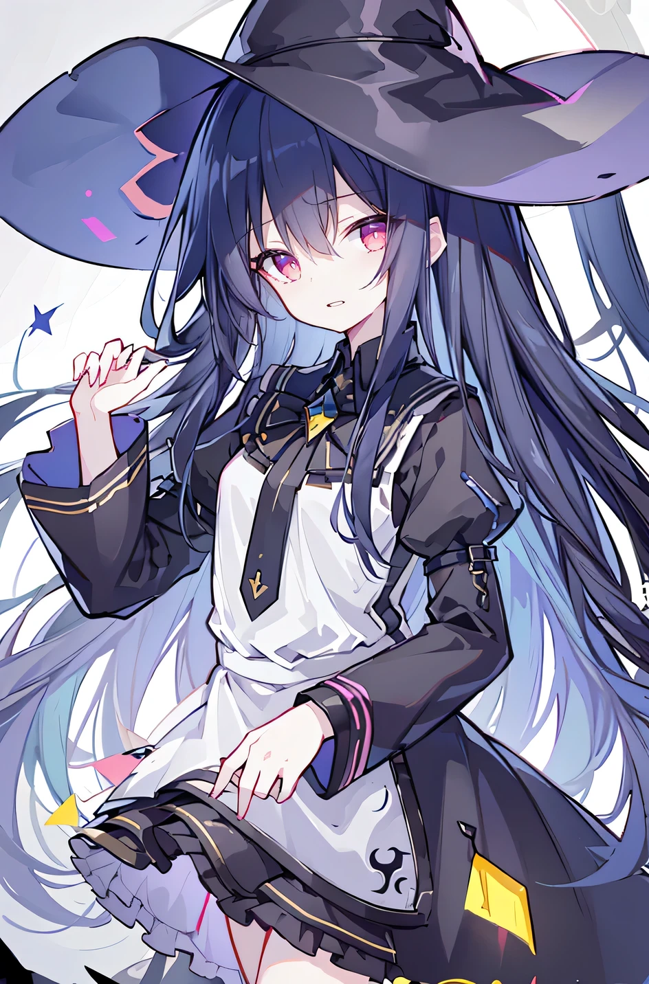 oung Girls,Humanity,A magician always smiles,big witch hat,cute,dark blue long hair,The eyes are dull,The bangs are heavy,Thin eyebrows,fantasy,intake,Double teeth,Star Theme,Constellation pattern,Solid color clothetal decoration,cloak,A bit of a dark atmosphere,A little crazy smile,When the big moon shines outside at night,blood,Hair black star embellishment,Short tie,No nails,High waist skirt,Bell sleeves,Long-sleeved shirt,Black tie,low risk,gentlemen。Mist、Yellow and white effect,Shocking pink as an accent color
