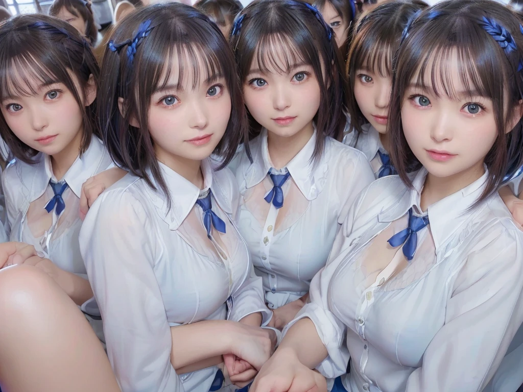 high school girlhigh school girl((Highest quality, Ultra-high resolution, Realistic, RAW Photos, 8k, Real photograph:1.6)), ((日本人high school girl, 16yo)) , Beautiful detailed, Beautiful Face, skeletally correct, cute, (((smile))), Japanese beautiful skin, Black Hair, Semi-long hair, (((Summer Girls' School Uniform))), White shirt, Blue check mini skirt, (((Perfect hands, Perfect Fingers, Perfect Arms, Perfect Legs: 1.5))), (((Big Breasts, Full cleavage:1.5))), Captivating performance, Super Real, Soft Light, (((high school girl, Very detailed, 6+girls: 1.99))), (((high school girl, Very detailed, 6+girls: 1.99))), (((high school girl, Very detailed, perfect identical faces, perfect identical body shapes: 1.99))), ((100人のhigh school girl: 1.6)), (((high school girlのみ))), Top 10, Full body photo, Wide-angle field of view, (((high and wide view))), city park