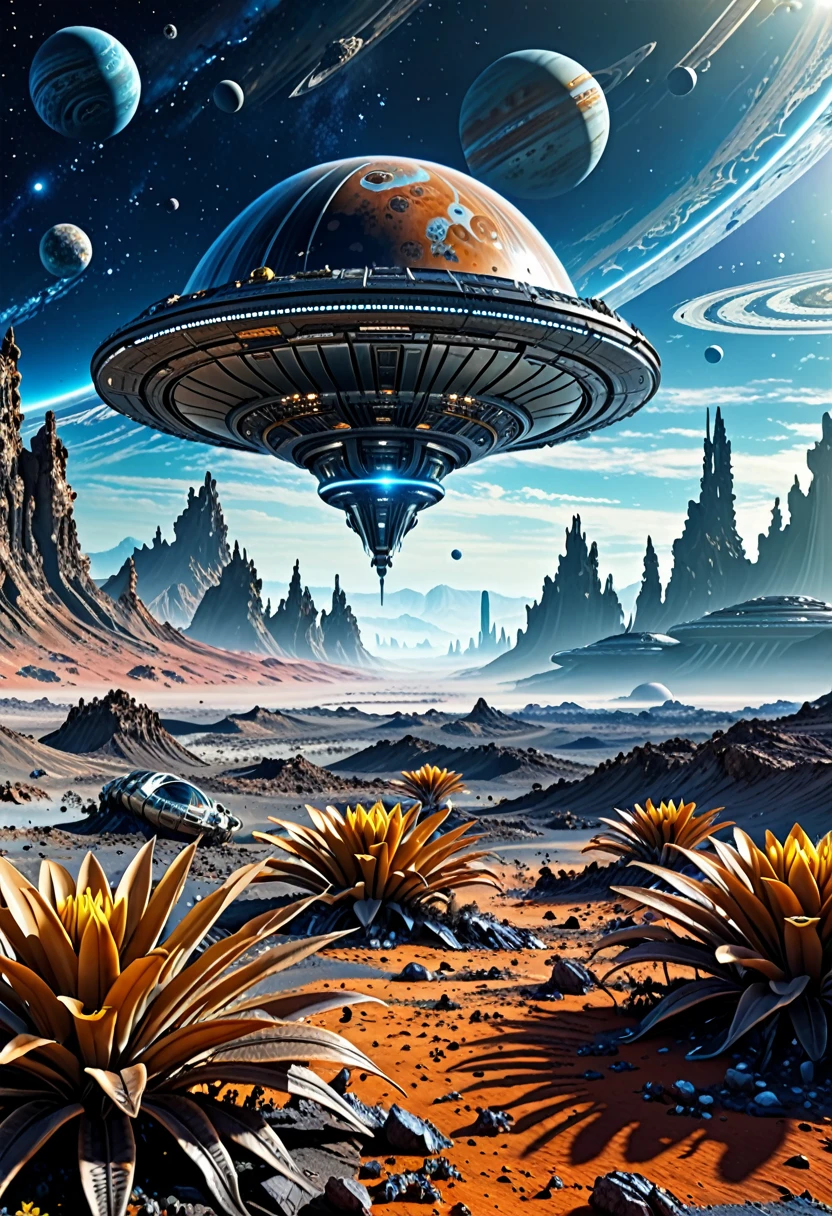 4k,ultraHD, Landscapes in a alien Planet, strange plants, cosmonaut, alien buildings, abandoned large spaceships, alien colonies, sky, jupiter, stars and other planet, Best image quality, super realistic,