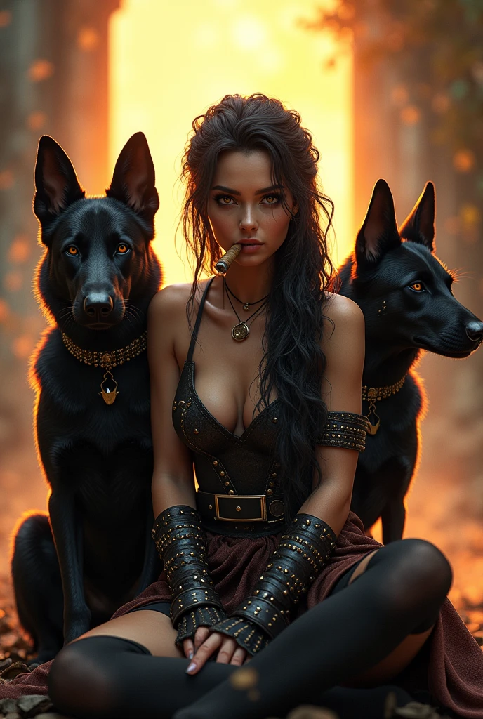 A captivating and cinematic artwork featuring a fierce female huntress adorned in ornate black and brown leather, with intricate metal studded armbands. She sits proudly between her two large Black German Shepherds while smoking a cigar. Her raven hair is braided and curled, and her piercing gaze radiates strength and determination. The warm, golden sunlight streams in, casting rays that enhance the depth and dimension of the scene. The background is filled with dramatic, vibrant colors and splashes of light, adding to the composition's dynamic energy and movement. The overall tone of the piece is dark fantasy, reminiscent of the styles of Luis Royo, Norman Rockwell, Jeremy Mann, John William Waterhouse, Van Gogh, Boris Vallejo, and Banksy., photo, cinematic, 3d render, portrait photography, conceptual art, fashion, wildlife photography, architecture, ukiyo-e, vibrant, product, dark fantasy, painting, poster, illustration