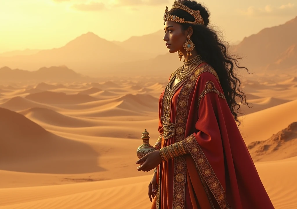 Queen of Sheba, facing the desert, holding a bottle of arabic perfume