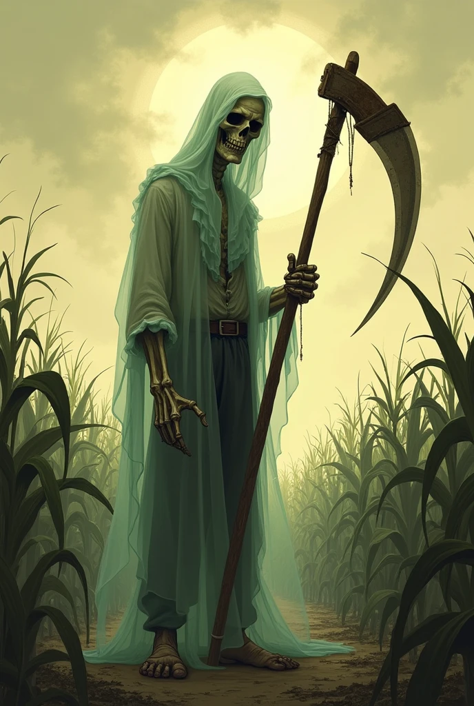 ((1930s cartoon)) Ghost farmer with a scythe in a cornfield 
