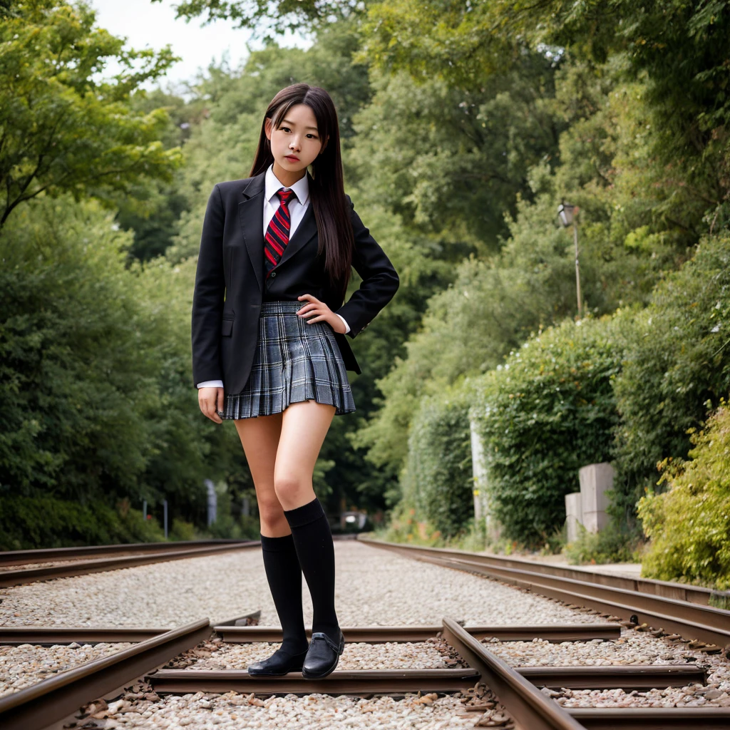 (Highest quality:1.2, Anime artwork, Anime Style, Studio Anime, Very detailed, up to date, Vibrant, Anime Coloring, High Contrast, masterpiece:1.2, Highest quality, Best aesthetics), Blue plaid pleated skirt:1.5, Red tie:1.5, Black blazer, (Private School Uniforms), Beautiful thighs, loose socks, Gradient Hair, Long hair braided low, Perfect body line, Skin with attention to detail, cute, Detailed face, ((Skirt flip))Roll up your skirt　Have your photo taken　camera　crowd　garden　Standing on the tracks　((Skirt flip))Roll up your skirt ,Open clothes,Collared shirt,汗er west, Checkered pleated mini skirt, Knee socks ,Black trousers、Lace Underwear((Light black lace panties))、Black panties、 Detailed face、one person&#39;s、