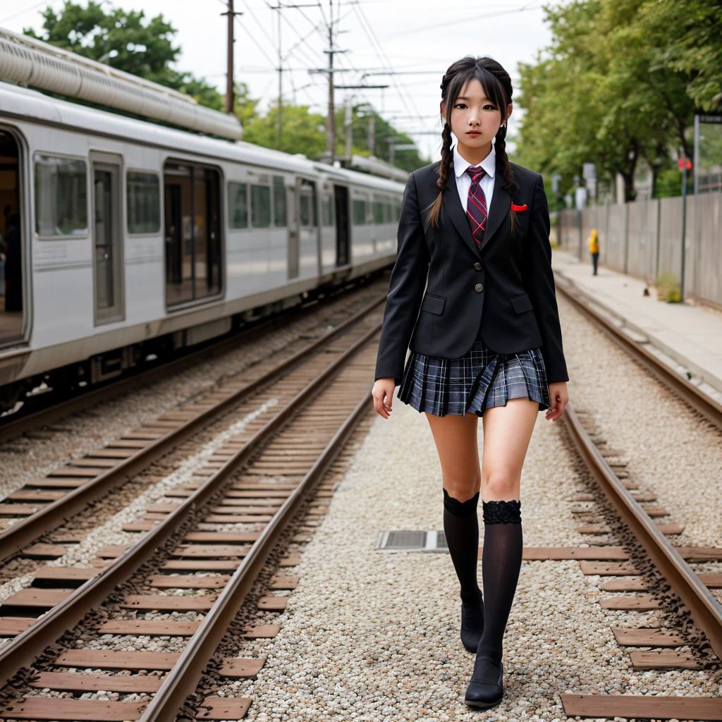 (Highest quality:1.2, Anime artwork, Anime Style, Studio Anime, Very detailed, up to date, Vibrant, Anime Coloring, High Contrast, masterpiece:1.2, Highest quality, Best aesthetics), Blue plaid pleated skirt:1.5, Red tie:1.5, Black blazer, (Private School Uniforms), Beautiful thighs, loose socks, Gradient Hair, Long hair braided low, Perfect body line, Skin with attention to detail, cute, Detailed face, ((Skirt flip))Roll up your skirt　Have your photo taken　camera　crowd　garden　Standing on the tracks　((Skirt flip))Roll up your skirt ,Open clothes,Collared shirt,汗er west, Checkered pleated mini skirt, Knee socks ,Black trousers、Lace Underwear((Light black lace panties))、Black panties、 Detailed face、one person&#39;s、