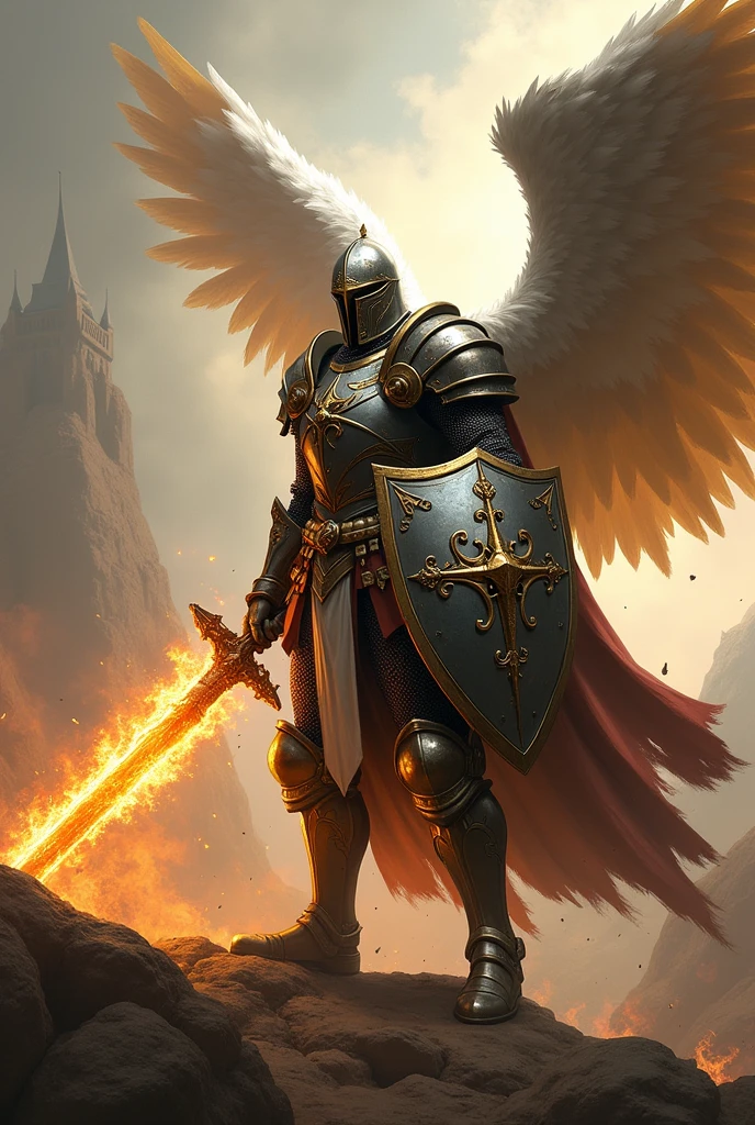 A medieval male knight with angelic wings, and with a fiery sword in one hand and a shield in the other hand and in an attack position and wearing a helmet