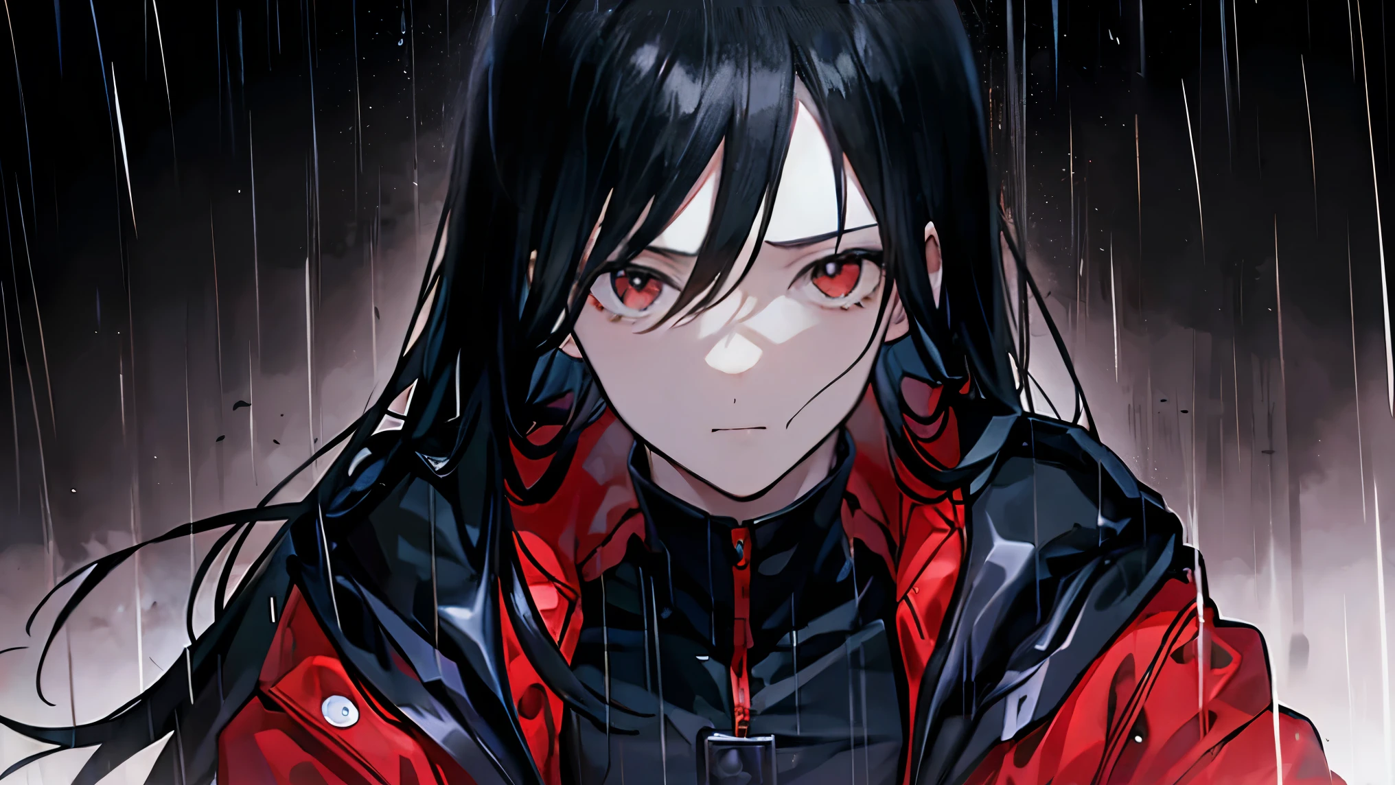 Black Hair、Red jacket、Black Shirt、Upper Body、male、One man、（Red Eye）、Long Hair、Heavy rain、Black background with a haze、Front view、Cold look、Handsome