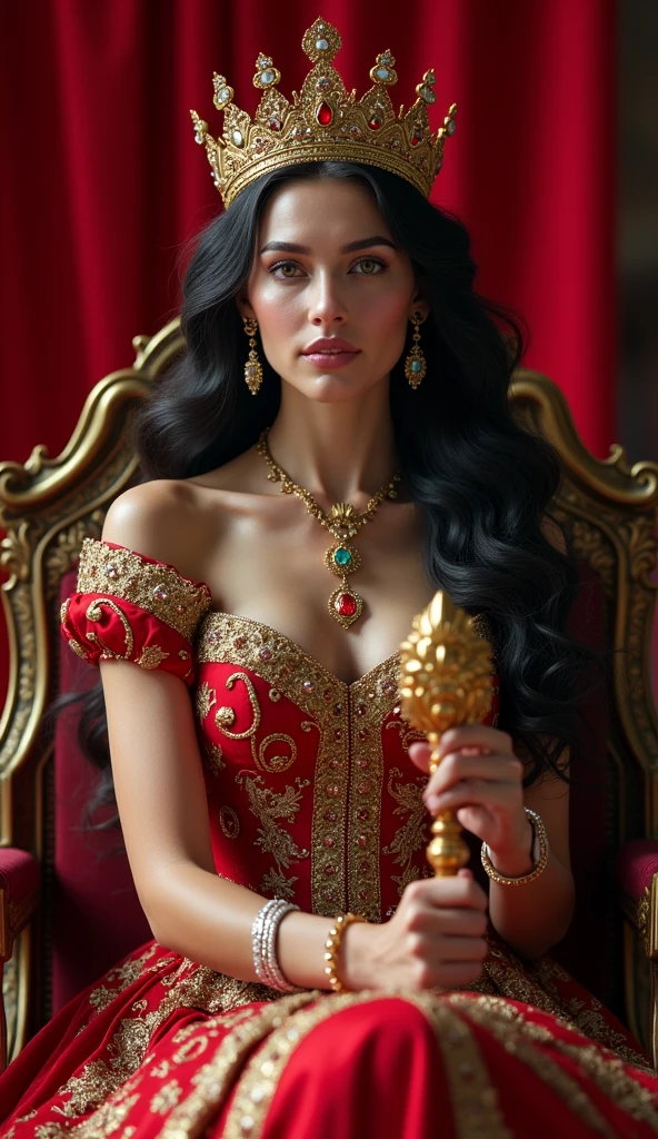 A young and beautiful Welsh queen。whole body。Sit on a throne、Wearing the crown、Holding a scepter and a jewel。The Welsh flag in the background