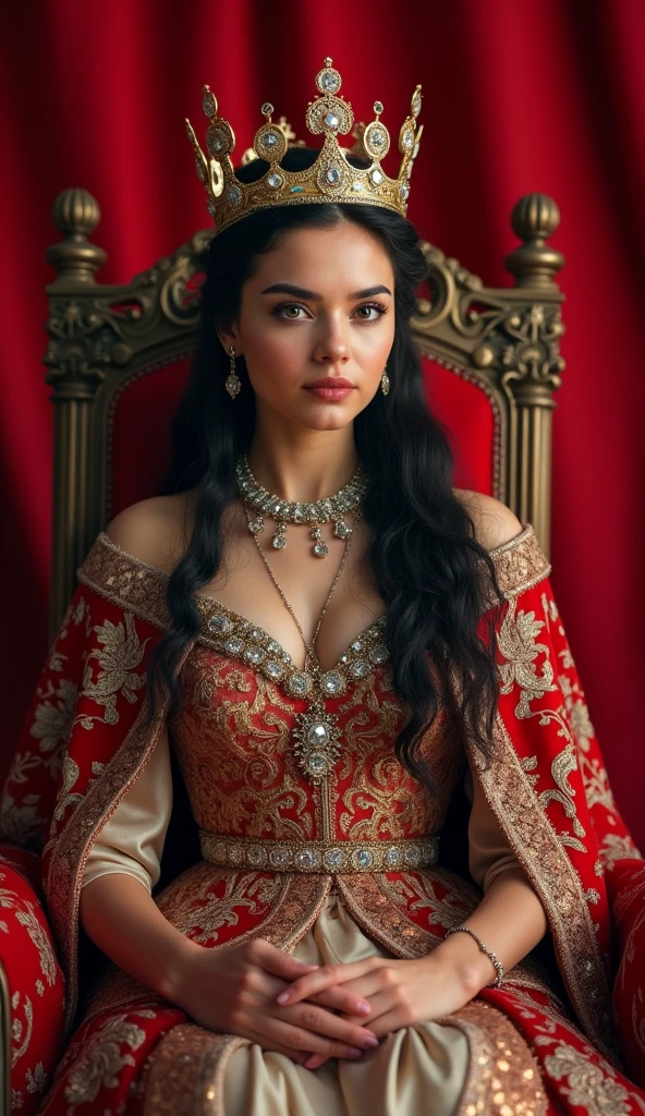 A young and beautiful Welsh queen。whole body。Sit on a throne、Wearing the crown、Holding a scepter and a jewel。The Welsh flag in the background