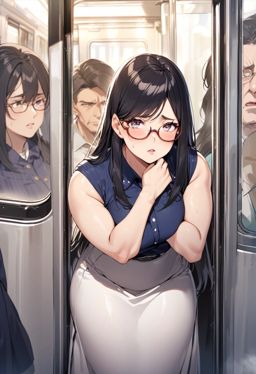 mature woman,gentle mature face,mature housewife,black hair,curvy,straight hair,oval face,sleeveless navy shirt,long white skirt,at train,troubled and stressed,glossy lips,glasses,look at viewer,humid