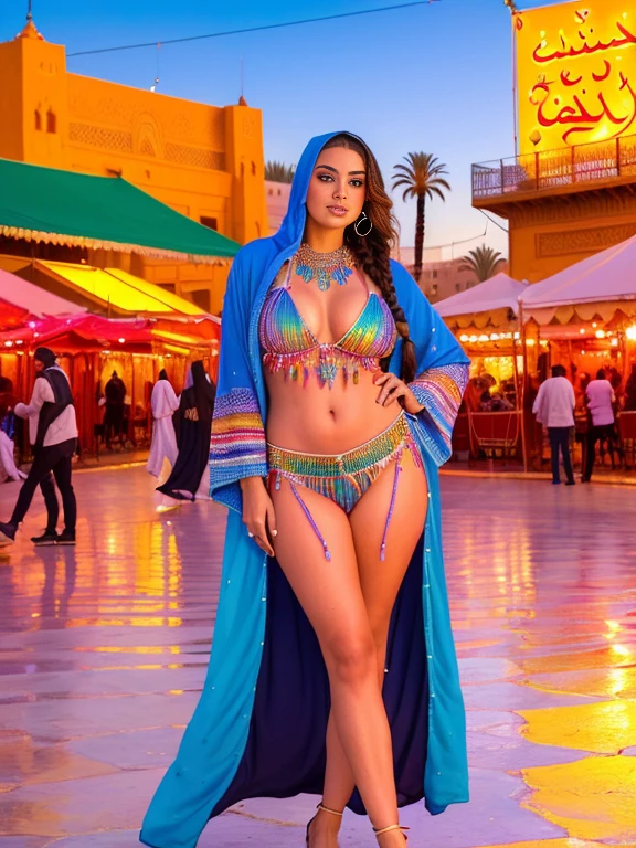 ((Jemaa El Fna in the background)), posing photo of seductive Abigail beautiful bright woman splashing rainbow, (((Ojuelos))), happy, super long braids, bright, dripping exotic jewels, iridescent, Hooded caftan (masterpiece) (The best quality) (detailed) (8k) (HdR) (wallpaper) (cinematic lighting) (sharp focus) (Intricate)