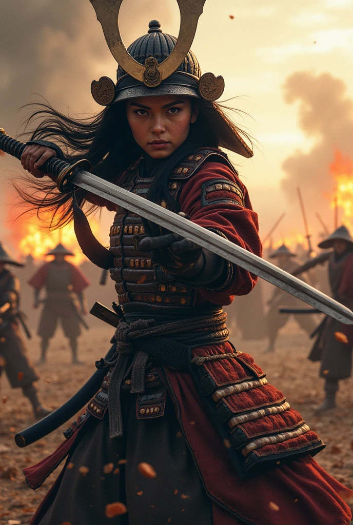 Japan Female Samurai、Female warriors of the Sengoku period、Wearing a helmet、Scene of fierce fighting、There are many people fighting around、Flames are rising all around、Sense of presence。Real、Genuine、25age、Black Hair