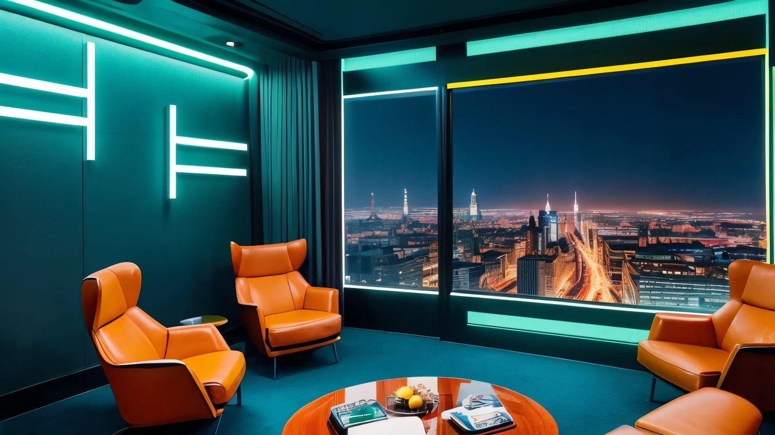 4k image from a 1960s science fiction film by Wes Anderson, Filme O Grande Hotel Budapeste, city with a blue, red, green and yellow neon colors vibrant at night through a window, big city retro futuristic neon, blade runner style, Retro-futuristic from the 60s with old robots, Luz Natural, Psicodelia, futurista estranho, retro-futurista, photo-realistic, blurred background,  an room with a view of a skyscraper, leather armchairs,
