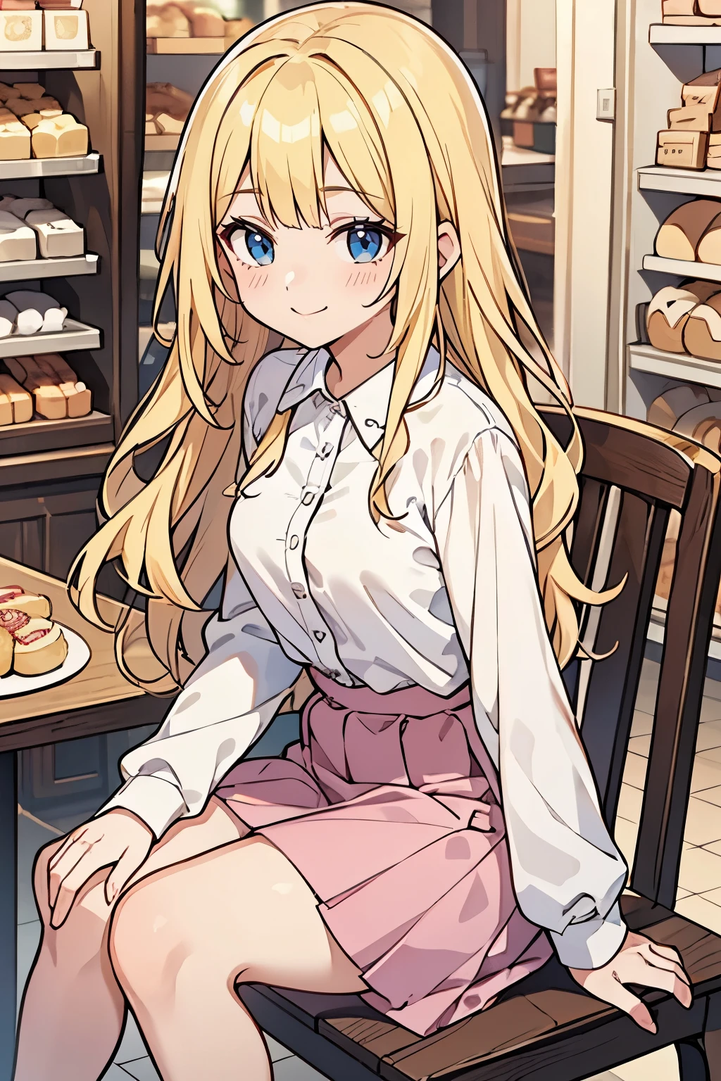 solo girl, (young female body:1.4), ( medium small breasts), cowboy shot, shy smile, flustered, yellow long hair, voluminous wavy very long yellow hair, extra long blonde hair, hime cut, light blue detailed eyes, long pink maxi skirt, pink satin skirt, white blouse, long sleeves, white button up, dynamic cute posing, sitting outside bakery shop, on a date, outside, sitting on a chair in front of table
