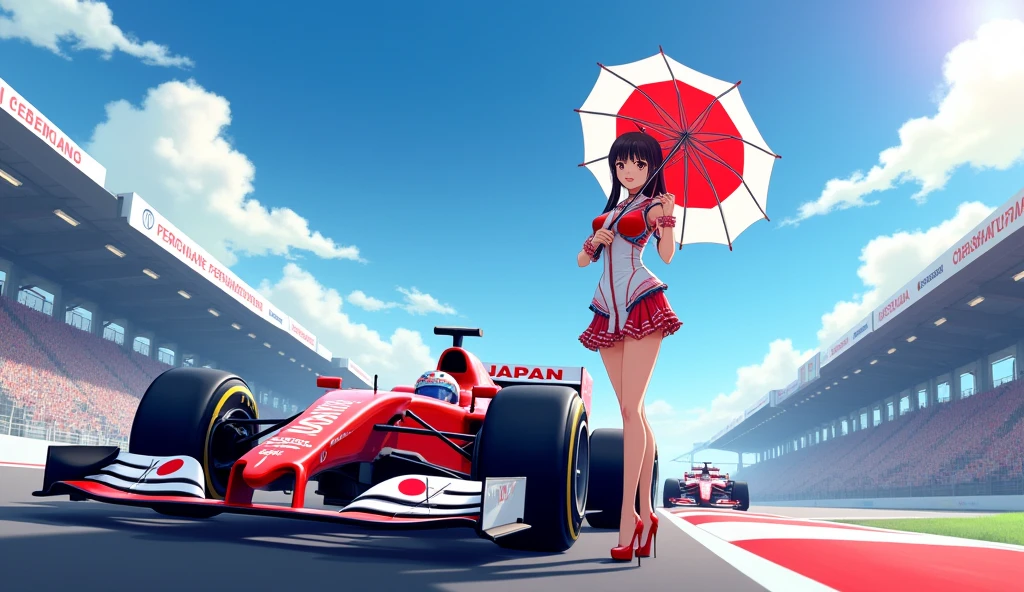 F1 race circuit. Race cars have the word JAPAN on them. A young Japanese race queen is standing in front of a race car holding a Japanese flag parasol. Her costume is separates with the word JAPAN on it. She is wearing a bangle on her arm. The background is beautiful and shining under the summer sun. Anime style. View from afar. Her beautiful legs are attractive, and her whole body from head to toe. She is wearing high heels.