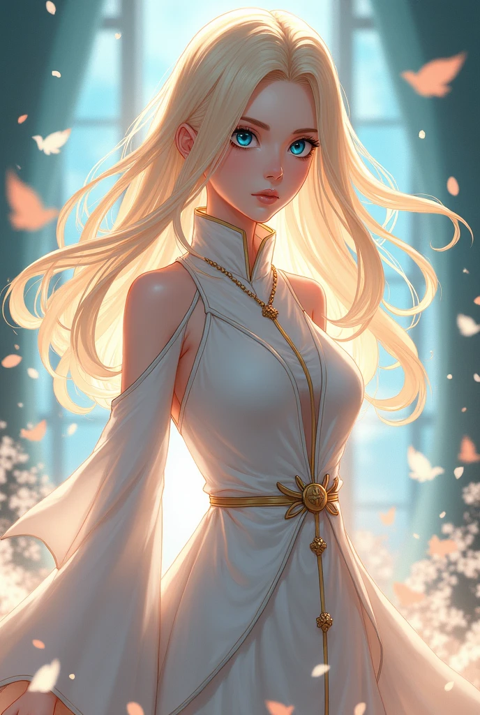 Boruto style, Ninja, , Blonde hair, Blue eyes, Female, Pale skin, Princess, Stripe, thin, Light Princess, Princess dress, anime style