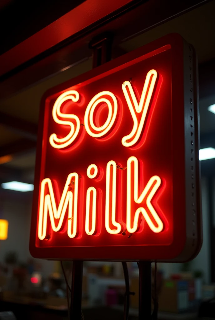 illuminated sign that says soy milk 