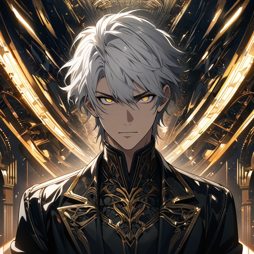 (absurdres, highres, ultra detailed), 1man, mature male, aged up, short hair, white hair, black eyes, extremely detailed CG unity 8k wallpaper, intricate details, portrait, looking at viewer, solo, (full body:0.6), detailed background, detailed face, (matrix theme:1.1), High quality, HD, 4k, no shadows, handsome male, 1male, , teenager, short white hair, silver hair, white hair, sharp eyes, deep gold colored eyes, dark golden colored eyes, deep gold eyes, gold eyes, devil may cry, close up, calm expression, stoic expression, black leather clothes, white leather clothing, lean body, well trained body, upper body, looking at viewer, cowboy shot, white solar, space background