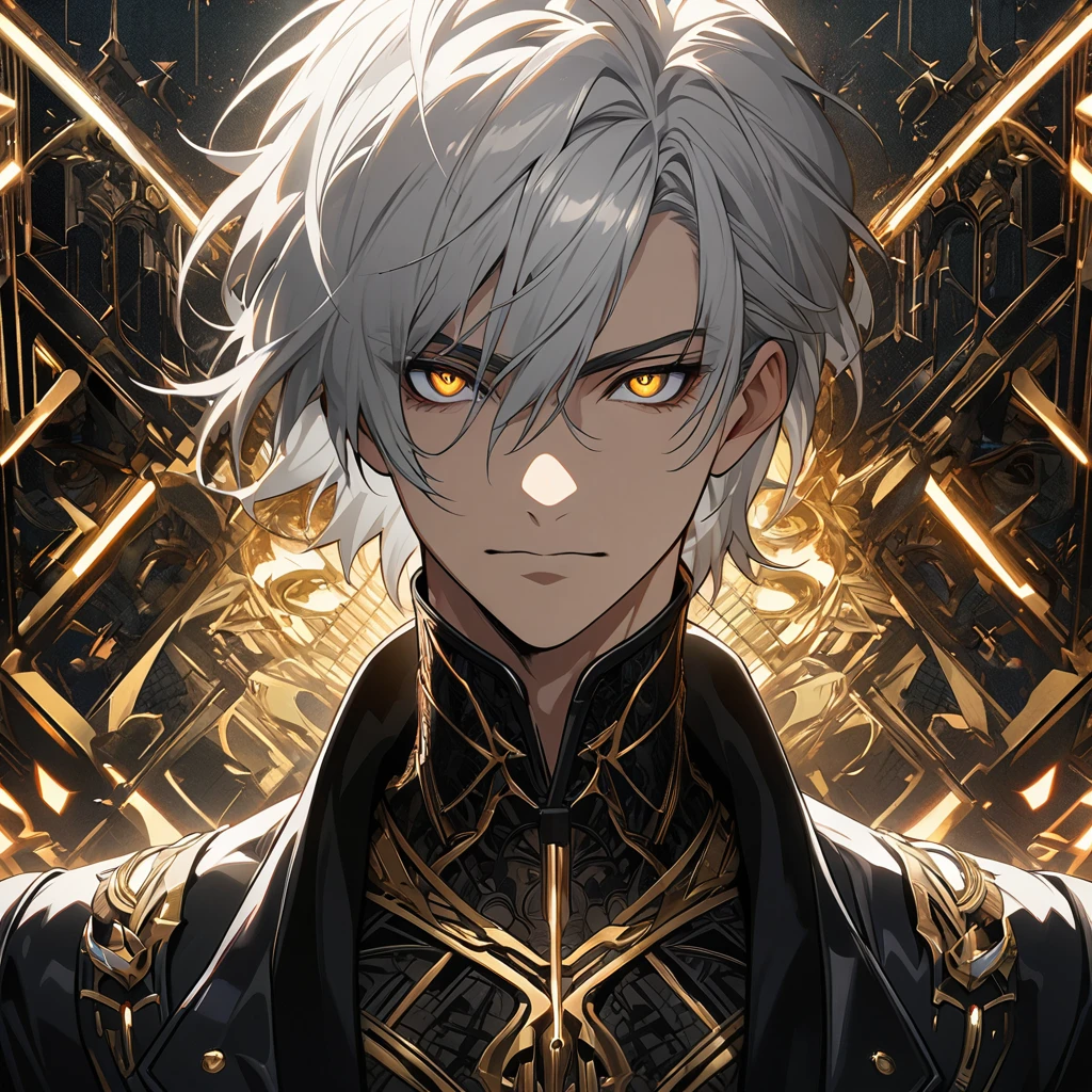 (absurdres, highres, ultra detailed), 1man, mature male, aged up, short hair, white hair, black eyes, extremely detailed CG unity 8k wallpaper, intricate details, portrait, looking at viewer, solo, (full body:0.6), detailed background, detailed face, (matrix theme:1.1), High quality, HD, 4k, no shadows, handsome male, 1male, , teenager, short white hair, silver hair, white hair, sharp eyes, deep gold colored eyes, dark golden colored eyes, deep gold eyes, gold eyes, devil may cry, close up, calm expression, stoic expression, black leather clothes, white leather clothing, lean body, well trained body, upper body, looking at viewer, cowboy shot, white solar, space background