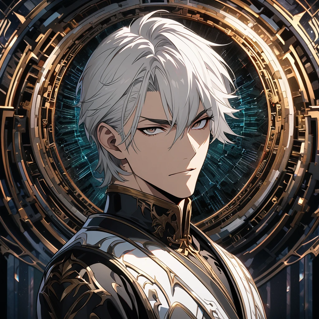 (absurdres, highres, ultra detailed), 1man, mature male, aged up, short hair, white hair, black eyes, extremely detailed CG unity 8k wallpaper, intricate details, portrait, looking at viewer, solo, (full body:0.6), detailed background, detailed face, (matrix theme:1.1), High quality, HD, 4k, no shadows, handsome male, 1male, , teenager, short white hair, silver hair, white hair, sharp eyes, deep gold colored eyes, dark golden colored eyes, deep gold eyes, gold eyes, devil may cry, close up, calm expression, stoic expression, black leather clothes, white leather clothing, lean body, well trained body, upper body, looking at viewer, cowboy shot, white solar, space background