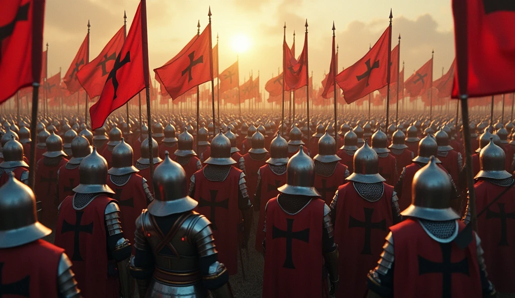 A highly realistic, high-contrast, 8K HD, detailed, hyper-detailed image of a Crusader army gathered on a battlefield, viewed from above. The Crusaders, clad in steel armor with red crosses on their tunics, stand united in formation. Their banners and flags proudly display the cross emblem, fluttering in the wind as they prepare for battle. The atmosphere is filled with anticipation and resolve, as the Crusaders gather under their sacred symbol. The dramatic lighting enhances the shine of their armor and the powerful unity of the assembled forces. The image is of the highest quality, with ultra-high resolution, RAW photo quality, and Unreal Engine rendering, capturing the strength and determination of the Crusaders as they stand ready for the fight.
