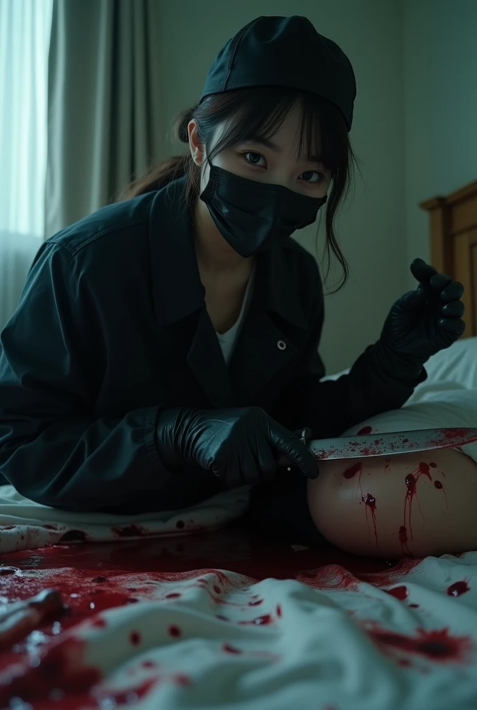 korean girl, (behind corpse, holding knife), stabbing, black surgical mask, black gloves, room full of blood, black raincoat, trucker hat, holding knife, black gloves, woman on top, behind corpse, blood splatter, on the bed, looking at viewer, mass murderer, killer, low ponytail, blood splatter, dark atmosphere, cinematic lighting, atmospheric realistic, light from the window, close-up,
