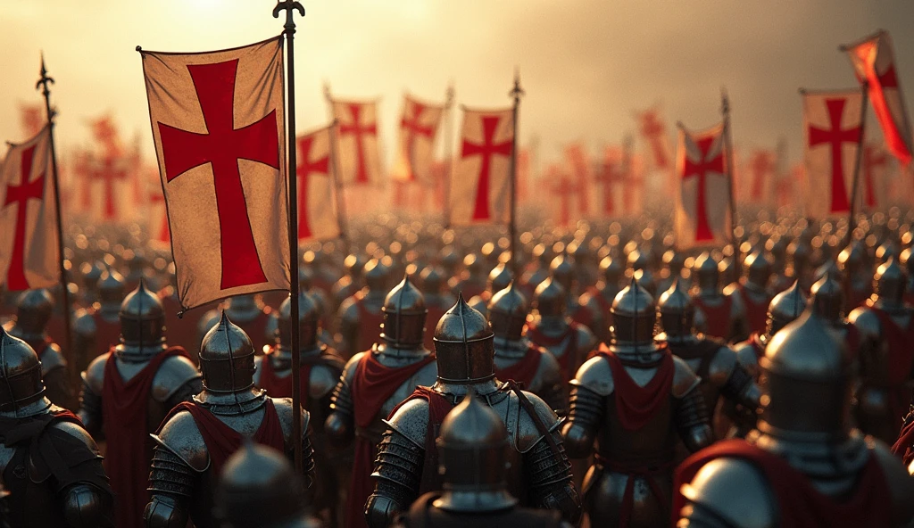 A highly realistic, high-contrast, 8K HD, detailed, hyper-detailed image of a Crusader army gathered on a battlefield, viewed from above. The Crusaders, clad in steel armor with red crosses on their tunics, stand united in formation. Their banners and flags proudly display the cross emblem, fluttering in the wind as they prepare for battle. The atmosphere is filled with anticipation and resolve, as the Crusaders gather under their sacred symbol. The dramatic lighting enhances the shine of their armor and the powerful unity of the assembled forces. The image is of the highest quality, with ultra-high resolution, RAW photo quality, and Unreal Engine rendering, capturing the strength and determination of the Crusaders as they stand ready for the fight.