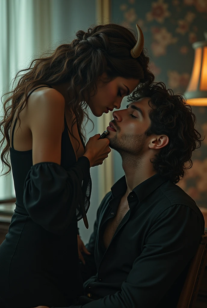 Create a boy that has curly, iridescent midnight hair and sharp cheekbones. He has long, black eyelashes and soft lips. His eyes are black with a golden ring around the pupils. He wears kohl under his eyes. He has very pale skin. Make him sit down on a chair, in front of a desk. Add a girl standing above him with a dagger to his throat. While she holds the dagger to so close to his throat they are kissing. The girl has a slim figure and soft features, such as her heart-shaped face. Make her pale and her eyes the exact color of walnuts. Her hair needs to be brown, the color of a willow tree. The hairstyle she is with are braided horns. She has have fuller breasts and larger hips.