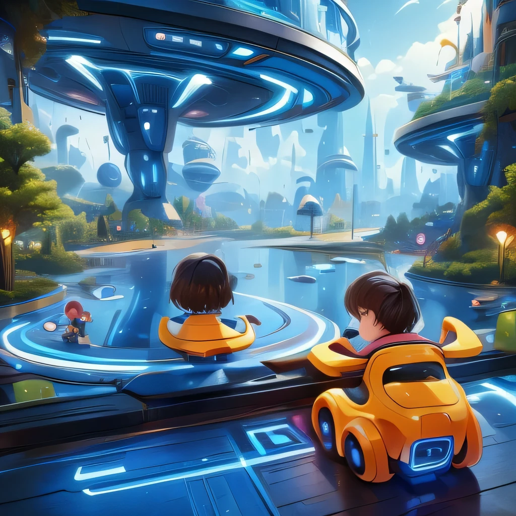 Child-friendly future city design，Ultra wide angle，Technology，Futuristic，Children's style，Disney style，two children playing，Playfulness，