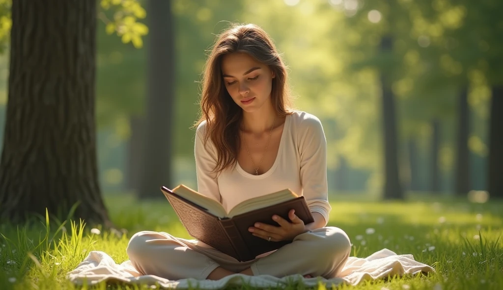 Realistic young lady reading the Bible at a park.