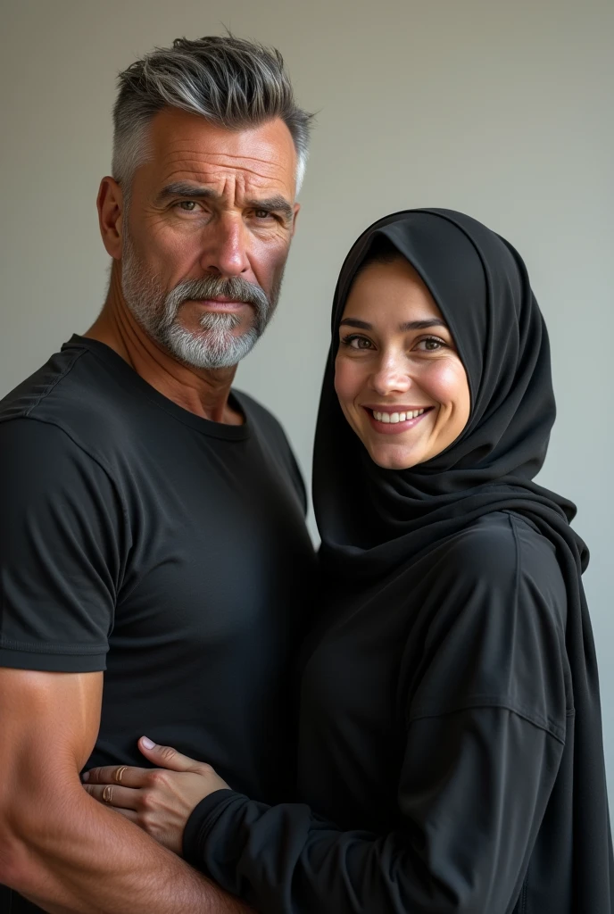 Drawing portrait of a serious 61-year-old man, Much older than the girl. The man has grey hair combed back in a pompadour style, and the sides are shaved, the length of his hair is short, tough body, and has a beard. He wears a black t-shirt and jeans. The girl is smiling and funny and wears black blouse. She has chocolate eyes, fair skin, wear hijab, little chubby and is short.