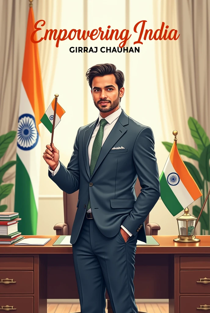 “Illustration of a professional Indian man in an office setting, wearing a smart suit with a touch of the Indian flag colors in her accessories. She’s holding a small Indian flag and standing in front of a desk with a festive Independence Day decoration. The text ‘Empowering India GIRRAJ CHAUHAN’ is displayed in elegant script at the top.”