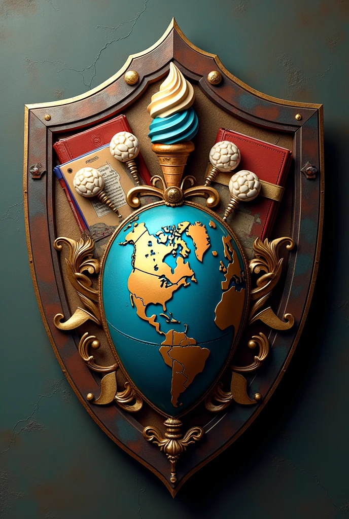 I need a shield that is my personal brand. The shield should contain some element that is used in school such as notebooks or books. It must also contain a globe. In addition to that, It must contain a family and a SINGLE ice cream cone. Try to make sure all the elements are inside the shield.
