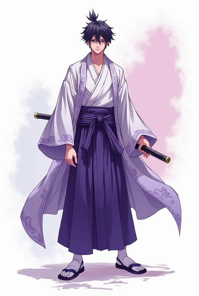 (illustrator) sketsa anime, samurai, kimono, blurple + white, front position, full body, boy, age 18