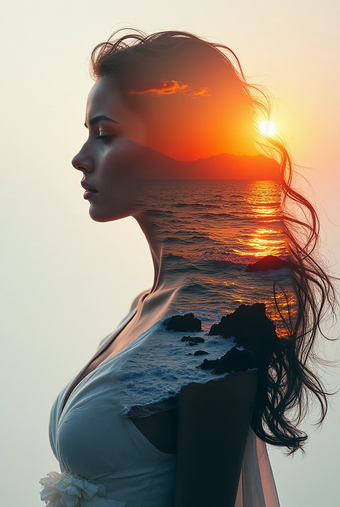 high qualiy, 8k Ultra HD, Uma linda Double exposure que combina uma silhueta de deusa com costa ao pôr do sol, the coast at sunset should serve as a backdrop, with its details incorporated into the goddess, Sharp lines, The background is monochromatic, sharp focus, Double exposure, By Yukisakura, stunning full colors.