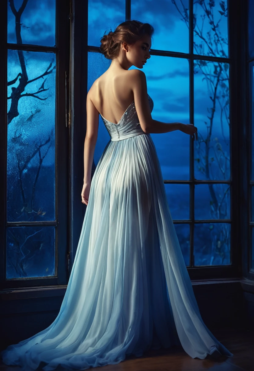 arafed woman in a dress standing in front of a window, a picture by Marie Bashkirtseff, shutterstock, romanticism, half-turned lady in evening gown, flowing gown, wearing a flowing dress, mysterious woman, haunting beautiful young woman, wearing a white flowing dress, flowing dress, woman in dress, extremely moody blue lighting, miss aniela