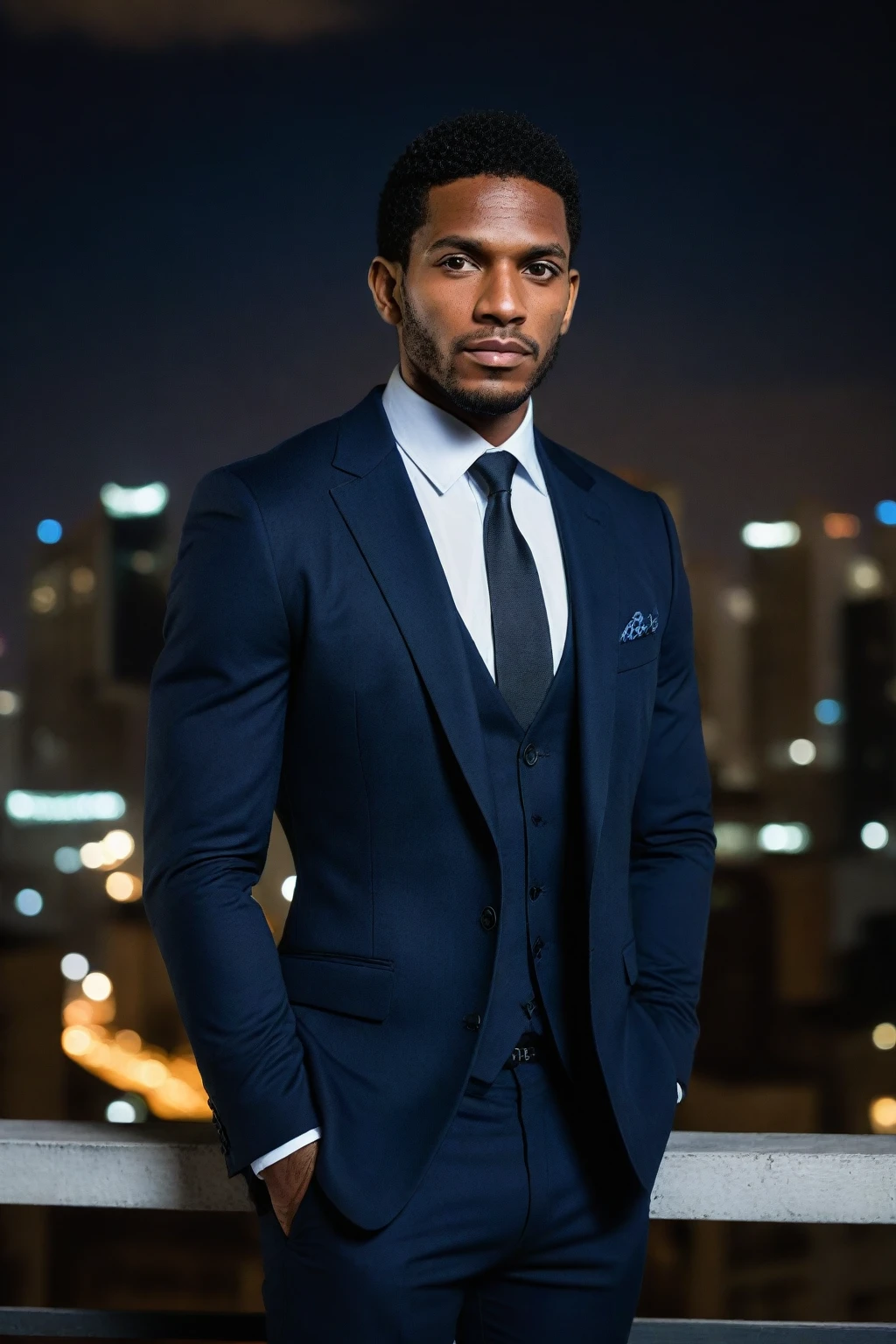 (perfect eyes), (detailed skin), (half-body portrait), Hyper-realistic South American man, late 20s, night-time city rooftop, panoramic view, illuminated skyscrapers, tailored suit, cool breeze, sharp focus, casual elegance, glowing cityscape, confident stance, detailxl