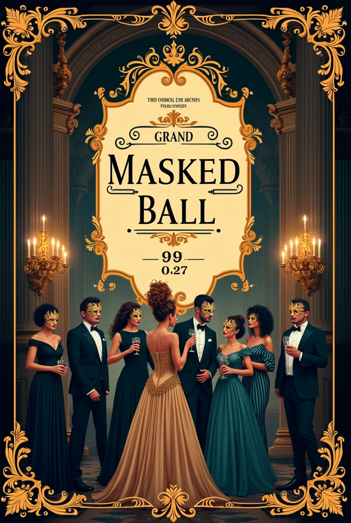 An event poster, a masked ball with a formal dress code