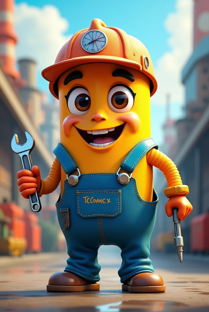 Hose clamp Smiley screw with arms and legs, dressed in blue overalls and an engineer's cap. He has bright eyes and a friendly expression.. In one hand he holds a wrench and in the other a screwdriver.. Behind her, an industrial city with factories and machines in operation. The style is colorful and lively, with soft lines' and that has the name Teconnex Mexico