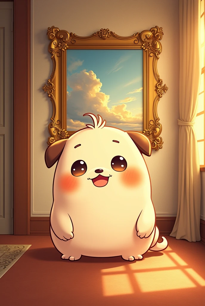 Genshin style, small curved , official artwork, a painting hanging on the wall, gorgeous wall, golden splendor, CG, art, Cute chubby cheeks and anime