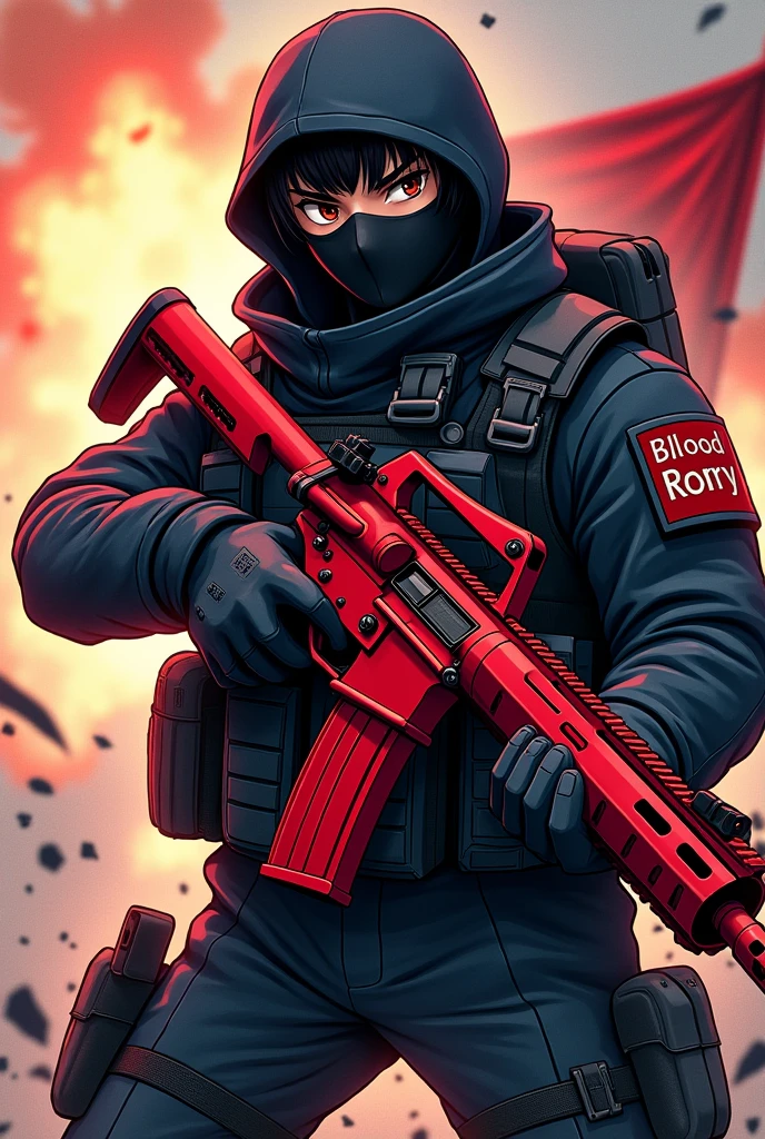 Blood Strike in anime and video game cartoon style, wielding a red M4 weapon, dressed as a soldier with a mask, and the name BloodRodry on a flag.