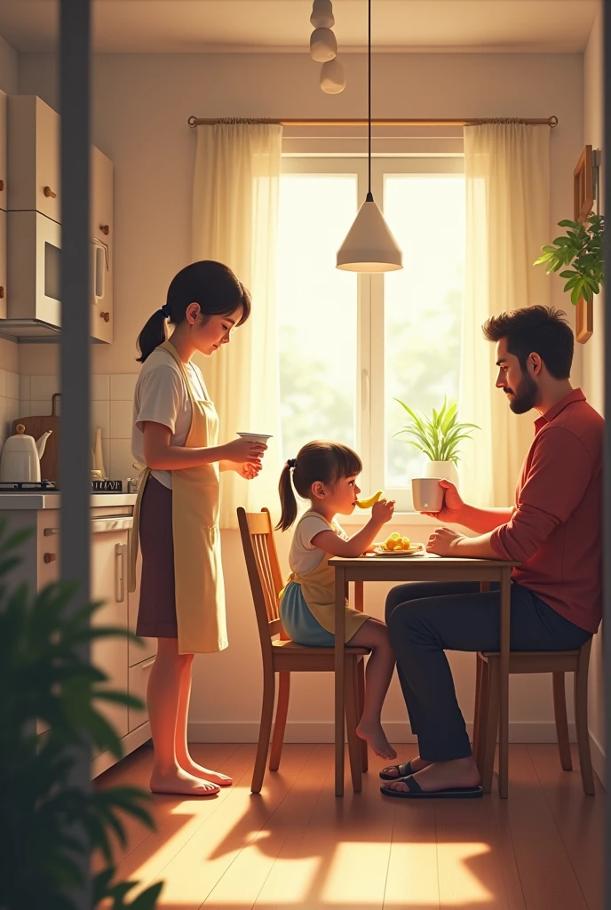 Mother cooking in the kitchen while her daughter eating a banana sitting at a counter. Father drinking a cup of coffee at a dining table.