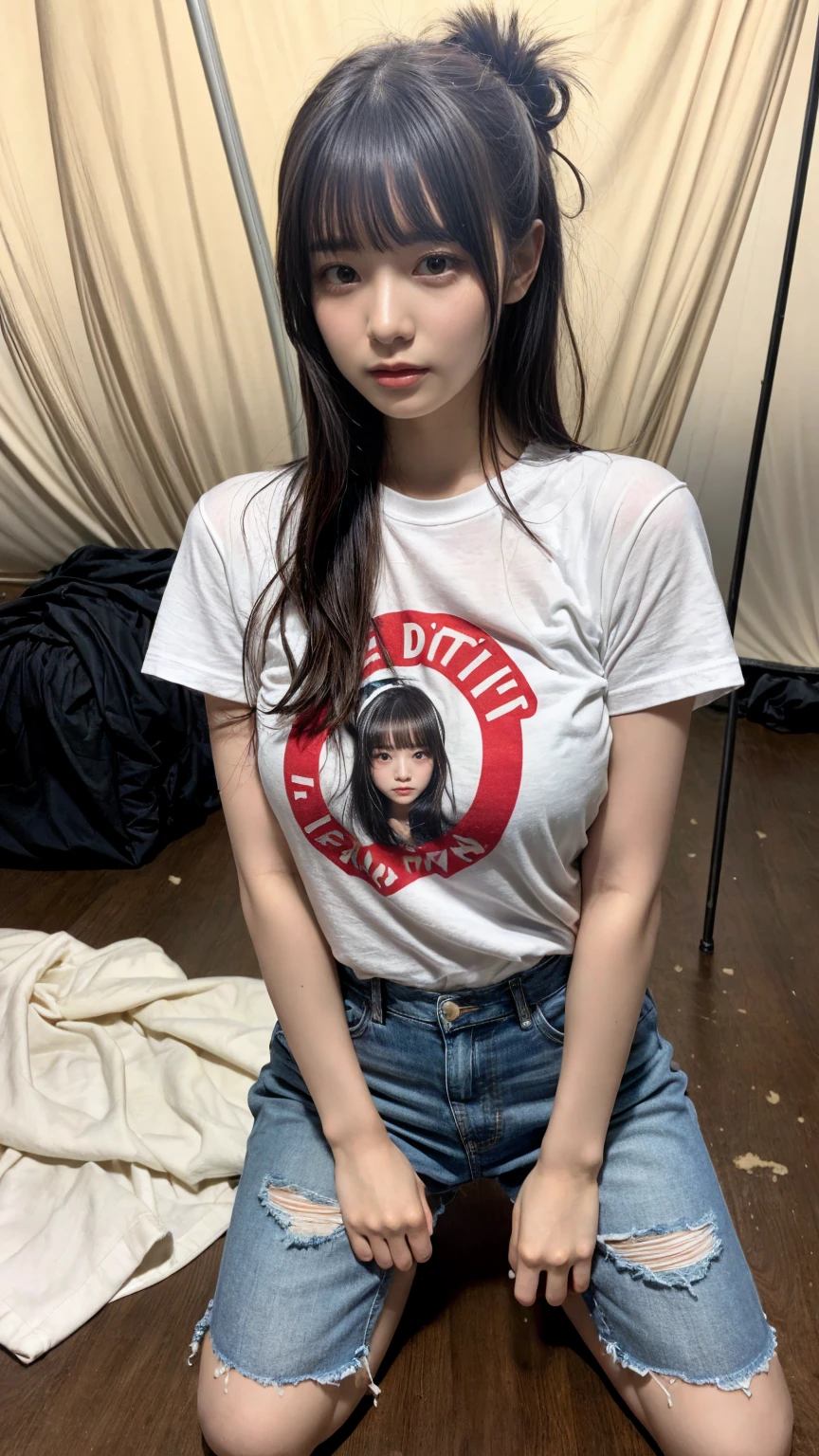 (Details High quality, realistic depiction of eyes:1.3), Tattered clothes, (The collapsed room), (Inside the barrack tent), (wearing a tattered and dirty t-shirt.:1.1), Wearing baggy pants, dirty body, (Messy long hair), black hair color, Big Natural Color Lip,  crying a little、Harajuku style、20 year old girl、cute type、ta, Gravure Idol, full body photo、focus on crotch, huge breasts