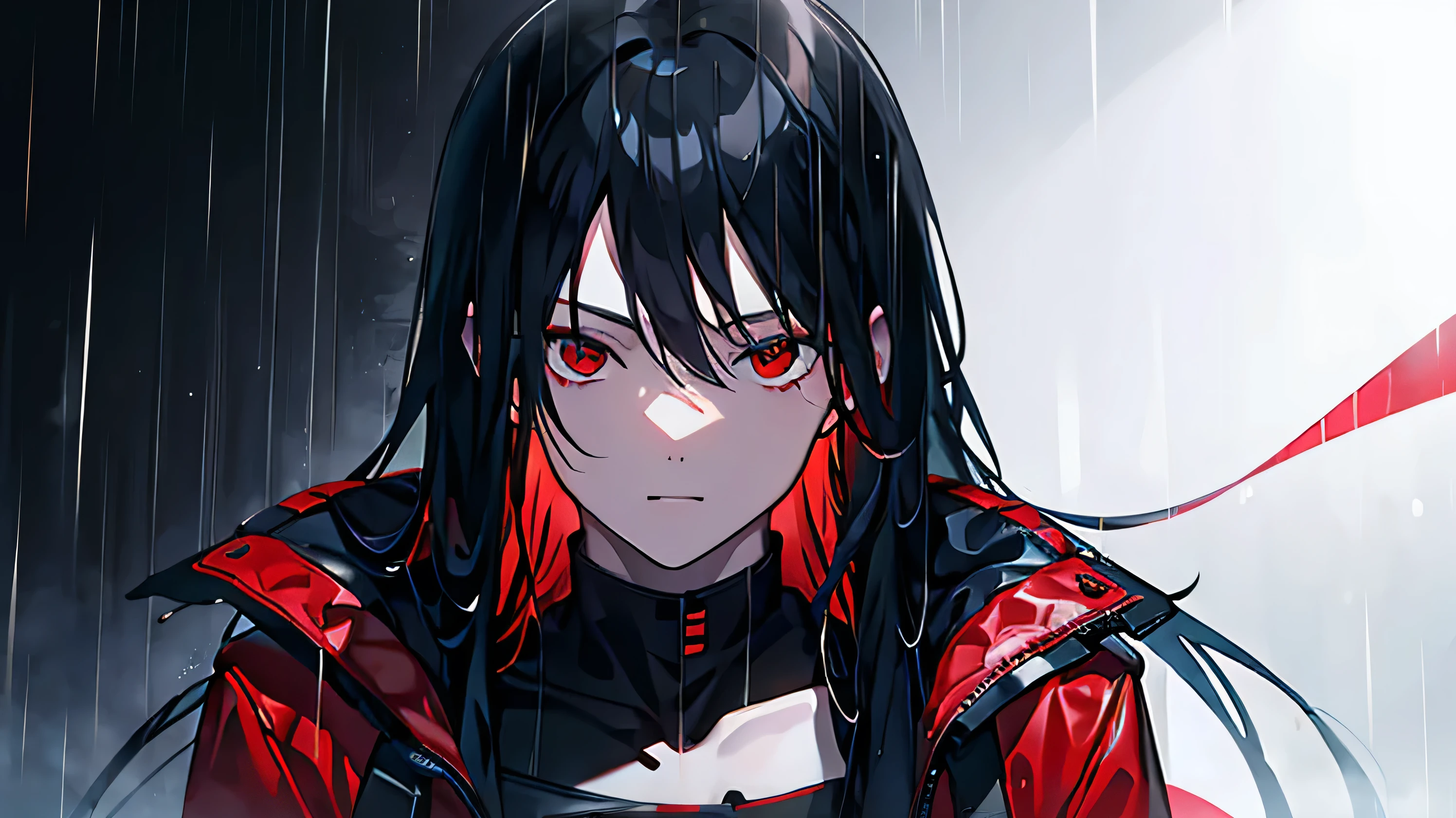 Black Hair、Red jacket、Black Shirt、Upper Body、male、One man、(Red Eye)、Long Hair、Heavy rain、Black background with a haze、Front view、Cold look、Handsome