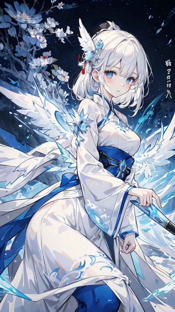 snow white hair，Blue eyes，White Hanfu，ice silver armor，frozen dragon wings，White Ice Dragon