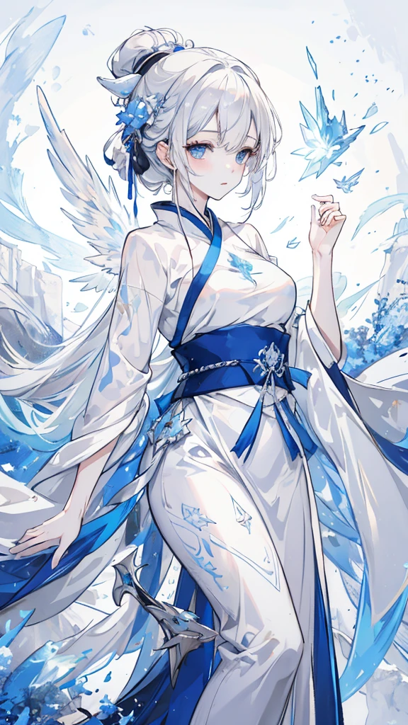 snow white hair，Blue eyes，White Hanfu，ice silver armor，frozen dragon wings，White Ice Dragon