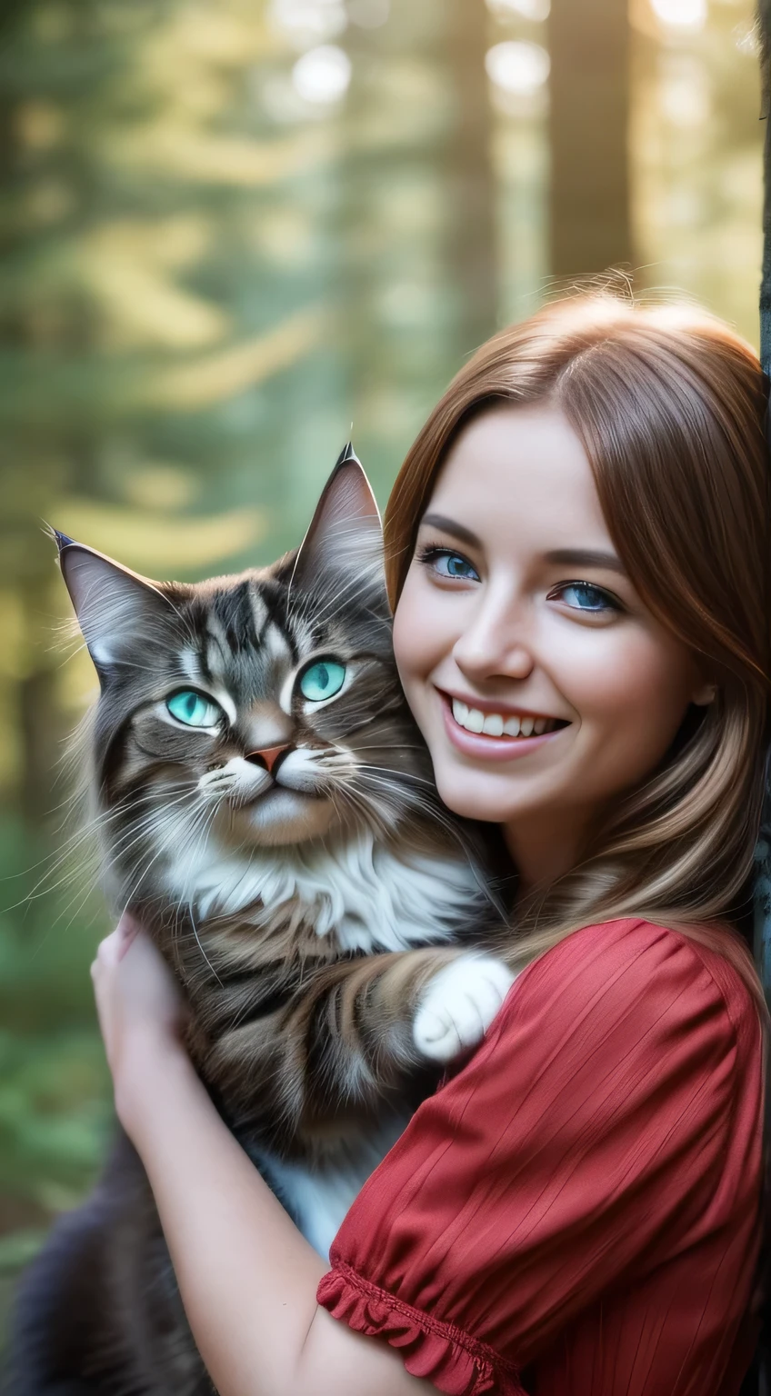 (Photo of a young woman with long hair and ocean blue eyes carrying in her arms a large tabby black Norwegian forest cat : 1.2) , (appareil photo Sony Alpha 1, Renowned for capturing exceptional details and vivid colors : 1.2), (paired with the Sony FE 50mm f lens / 1.8 for focused and complete shooting : 1.2), (The girl with the radiant smile and the perfectly symmetrical face : 1.1), (appareil photo Sony Alpha 1 capturant les textures complexes de ses cheveux et de son chat :1.2), (dressed in a perfectly fitted red dress :1.2), (Carrying in his arms a large Norwegian forest cat tabby black: 1.2), (cadre pittoresque et enchanteur un champ de fleurs: 1.1), (Sunlight casts a soft, ethereal glow : 1.3), (A feeling of joy and happiness evident in his bright smile : 1.3), (High-resolution photo ensures that every detail, the expression of the girl and her cat, is preserved : 1.3), cutscene, hyper detailed, crazy details, beautifully colored, Super-Resolution, Megapixel, Kinematic lightning, Post-traitement, insanely detailed and intricate, hyper maximaliste, hyper realistic, volumétique, photoréalistique, Ultra real photo, Ultra-detailed, Very detailed, 16K.
