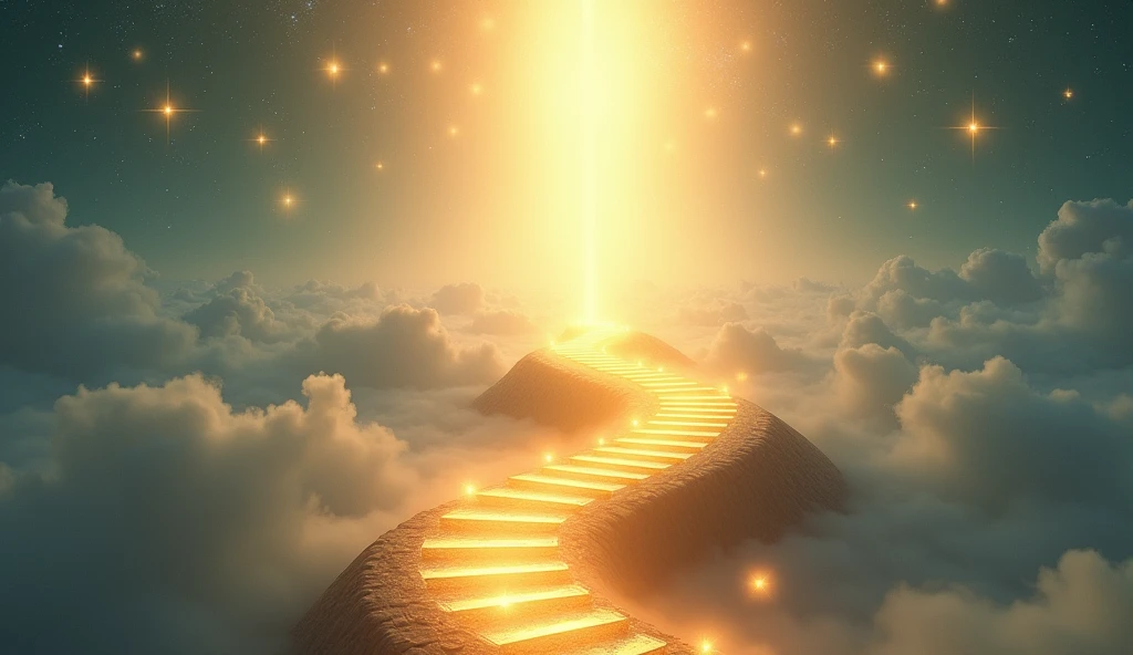 A spiritual journey depicted by a winding path or staircase leading toward a radiant, divine light in the distance. Along the path, there are 16 glowing markers or symbols, each representing a step in the journey of the soul toward enlightenment or reunion with a higher power. The landscape is ethereal, featuring mist, glowing orbs, and celestial elements like stars and a shimmering sky. The color palette includes soft, luminous tones such as golds, whites, and gentle blues, creating an atmosphere of peace, hope, and spiritual transcendence.