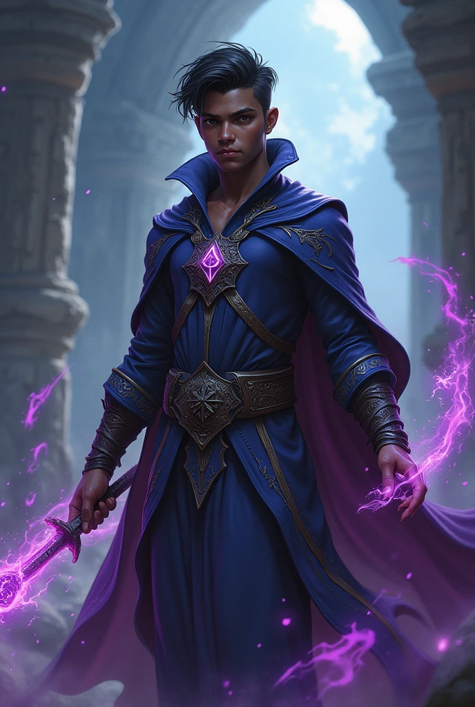 Dark-skinned RPG mage, without hood with a youthful face